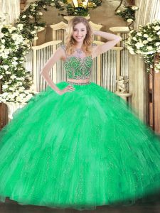 Green Sleeveless Beading and Ruffles Floor Length 15 Quinceanera Dress