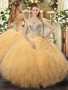 Flare Gold Ball Gowns Beading and Ruffles Quince Ball Gowns Lace Up Tulle Sleeveless Floor Length