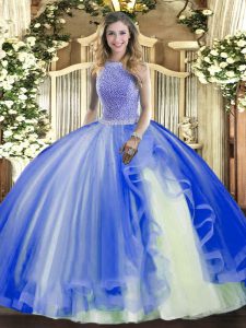 Sophisticated Blue Tulle Lace Up Quinceanera Dresses Sleeveless Floor Length Beading and Ruffles