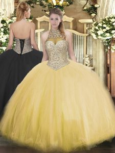 Halter Top Sleeveless Tulle 15 Quinceanera Dress Beading Lace Up