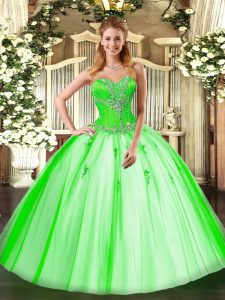 Ball Gowns Beading Quince Ball Gowns Lace Up Tulle Sleeveless Floor Length