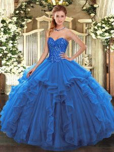 Excellent Floor Length Blue Sweet 16 Quinceanera Dress Sweetheart Sleeveless Lace Up