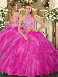 Affordable Hot Pink Sleeveless Tulle Criss Cross Ball Gown Prom Dress for Military Ball and Sweet 16 and Quinceanera