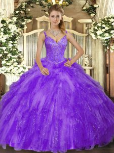 Suitable Sleeveless Lace Up Floor Length Beading and Ruffles Quinceanera Gowns