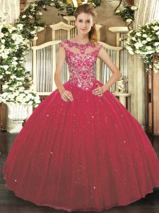 Cap Sleeves Beading and Appliques Lace Up Ball Gown Prom Dress