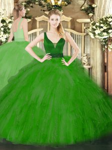 Green Tulle Zipper Quince Ball Gowns Sleeveless Floor Length Beading and Ruffles