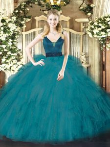 Stunning Floor Length Zipper Ball Gown Prom Dress Teal for Military Ball and Sweet 16 and Quinceanera with Beading and Ruffles