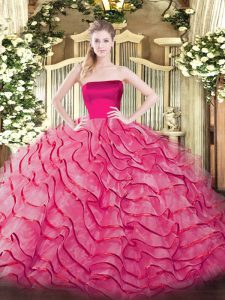 Clearance Strapless Sleeveless Quinceanera Gowns Brush Train Ruffled Layers Hot Pink Tulle