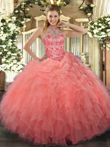 Watermelon Red Ball Gowns Halter Top Sleeveless Organza Floor Length Lace Up Beading and Embroidery Vestidos de Quinceanera