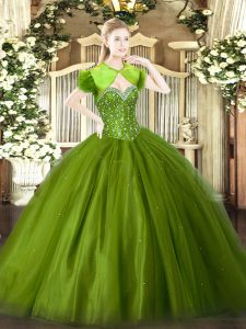 Olive Green Sweetheart Lace Up Beading Quince Ball Gowns Sleeveless