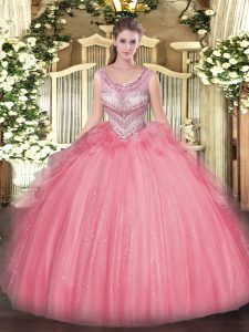 Watermelon Red Sleeveless Floor Length Beading and Ruffles Lace Up 15 Quinceanera Dress