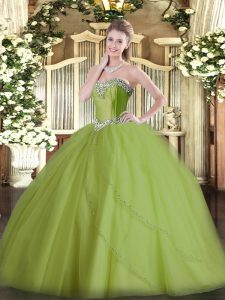 Classical Sweetheart Sleeveless Quinceanera Gown Brush Train Beading Olive Green Tulle