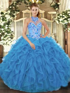 Stunning Baby Blue Lace Up Sweet 16 Quinceanera Dress Beading and Embroidery and Ruffles Sleeveless Floor Length