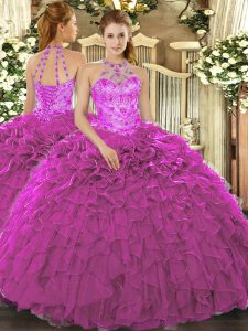 Floor Length Fuchsia Sweet 16 Quinceanera Dress Halter Top Sleeveless Lace Up