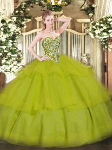 Comfortable Beading and Ruffled Layers Quinceanera Gown Olive Green Lace Up Sleeveless Floor Length