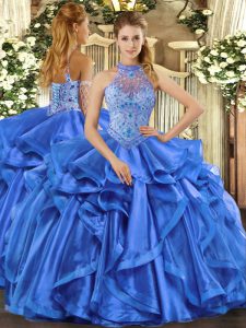 Blue Ball Gowns Beading and Embroidery and Ruffles Quinceanera Gown Lace Up Organza Sleeveless