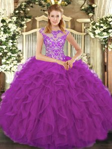 Eggplant Purple Ball Gowns Scoop Cap Sleeves Organza Floor Length Lace Up Beading and Ruffles Quince Ball Gowns