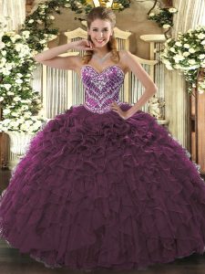 Burgundy Sleeveless Beading and Ruffled Layers Floor Length Sweet 16 Dress