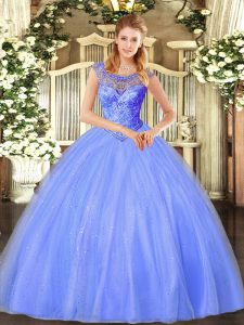 Low Price Blue Sleeveless Tulle Lace Up Ball Gown Prom Dress for Sweet 16 and Quinceanera