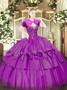 Stunning Fuchsia Sweetheart Neckline Beading and Ruffled Layers Quinceanera Gowns Sleeveless Lace Up