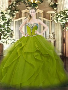 Perfect Tulle Sweetheart Sleeveless Lace Up Beading and Ruffles Sweet 16 Dress in Olive Green