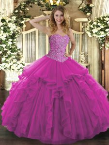 Sophisticated Fuchsia Ball Gowns Sweetheart Sleeveless Tulle Floor Length Lace Up Beading and Ruffles Quinceanera Dresses