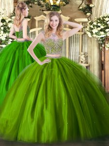 Customized Olive Green Tulle Lace Up Scoop Sleeveless Floor Length Sweet 16 Quinceanera Dress Beading