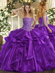 Chic Sleeveless Organza Floor Length Lace Up Sweet 16 Dress in Purple with Beading and Ruffles