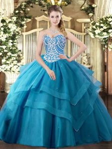 Lovely Floor Length Teal Quinceanera Gowns Tulle Sleeveless Beading and Ruffled Layers