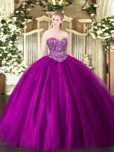 Fuchsia Tulle Lace Up Sweetheart Sleeveless Floor Length Quinceanera Gown Beading