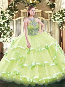 Lovely Tulle Sleeveless Floor Length Vestidos de Quinceanera and Beading and Ruffled Layers