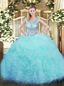 Simple Floor Length Aqua Blue 15 Quinceanera Dress Organza Sleeveless Beading and Ruffles and Pick Ups