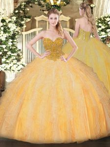 Unique Orange Organza Lace Up Quinceanera Dress Sleeveless Floor Length Beading and Ruffles