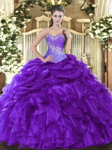 Elegant Purple Sleeveless Beading and Ruffles and Pick Ups Floor Length Quince Ball Gowns