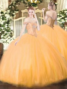Orange Sleeveless Tulle Lace Up Quinceanera Dresses for Military Ball and Sweet 16 and Quinceanera