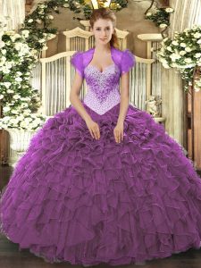 Luxury Eggplant Purple Ball Gowns Beading and Ruffles Sweet 16 Dress Lace Up Organza Sleeveless Floor Length