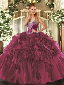 Cheap Burgundy Straps Lace Up Beading and Ruffles Quinceanera Dress Sleeveless