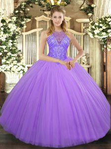 Floor Length Lavender 15 Quinceanera Dress Tulle Sleeveless Beading