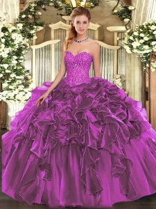 Graceful Purple Organza Lace Up Sweetheart Sleeveless Floor Length Sweet 16 Dresses Beading and Ruffles