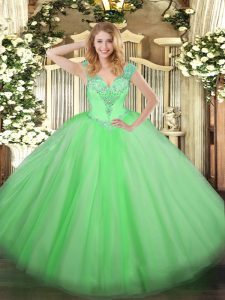 Latest V-neck Sleeveless Tulle 15 Quinceanera Dress Beading Lace Up