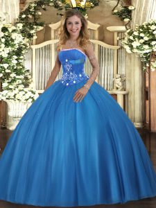 Extravagant Sleeveless Tulle Floor Length Lace Up Quinceanera Gowns in Baby Blue with Beading