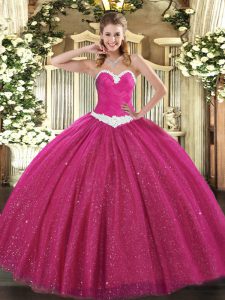 Fabulous Tulle Sweetheart Sleeveless Lace Up Appliques Sweet 16 Dress in Hot Pink