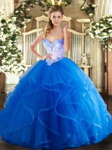 Best Selling Blue Ball Gowns Beading and Ruffles Quince Ball Gowns Lace Up Tulle Sleeveless Floor Length