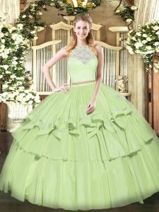 Olive Green Vestidos de Quinceanera Military Ball and Sweet 16 and Quinceanera with Lace and Ruffled Layers Scoop Sleeveless Zipper