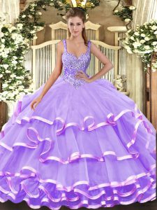 Straps Sleeveless Sweet 16 Dresses Floor Length Beading and Ruffled Layers Lavender Organza