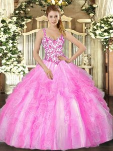Floor Length Lace Up Vestidos de Quinceanera Lilac for Sweet 16 and Quinceanera with Appliques and Ruffles