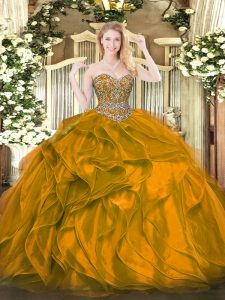 Fashion Floor Length Lace Up Sweet 16 Dresses Orange for Military Ball and Sweet 16 and Quinceanera with Beading and Ruffles