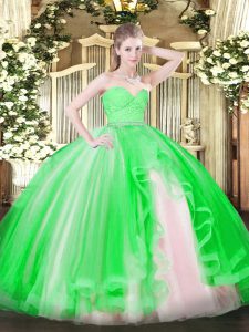 Green Tulle Zipper Sweetheart Sleeveless Floor Length Sweet 16 Dress Beading and Lace and Ruffles