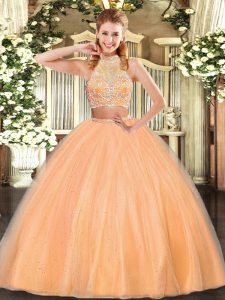 Ideal Orange Red Halter Top Criss Cross Beading Quince Ball Gowns Sleeveless