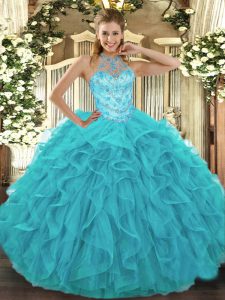 Inexpensive Ball Gowns Quinceanera Dresses Aqua Blue Halter Top Organza Sleeveless Floor Length Lace Up